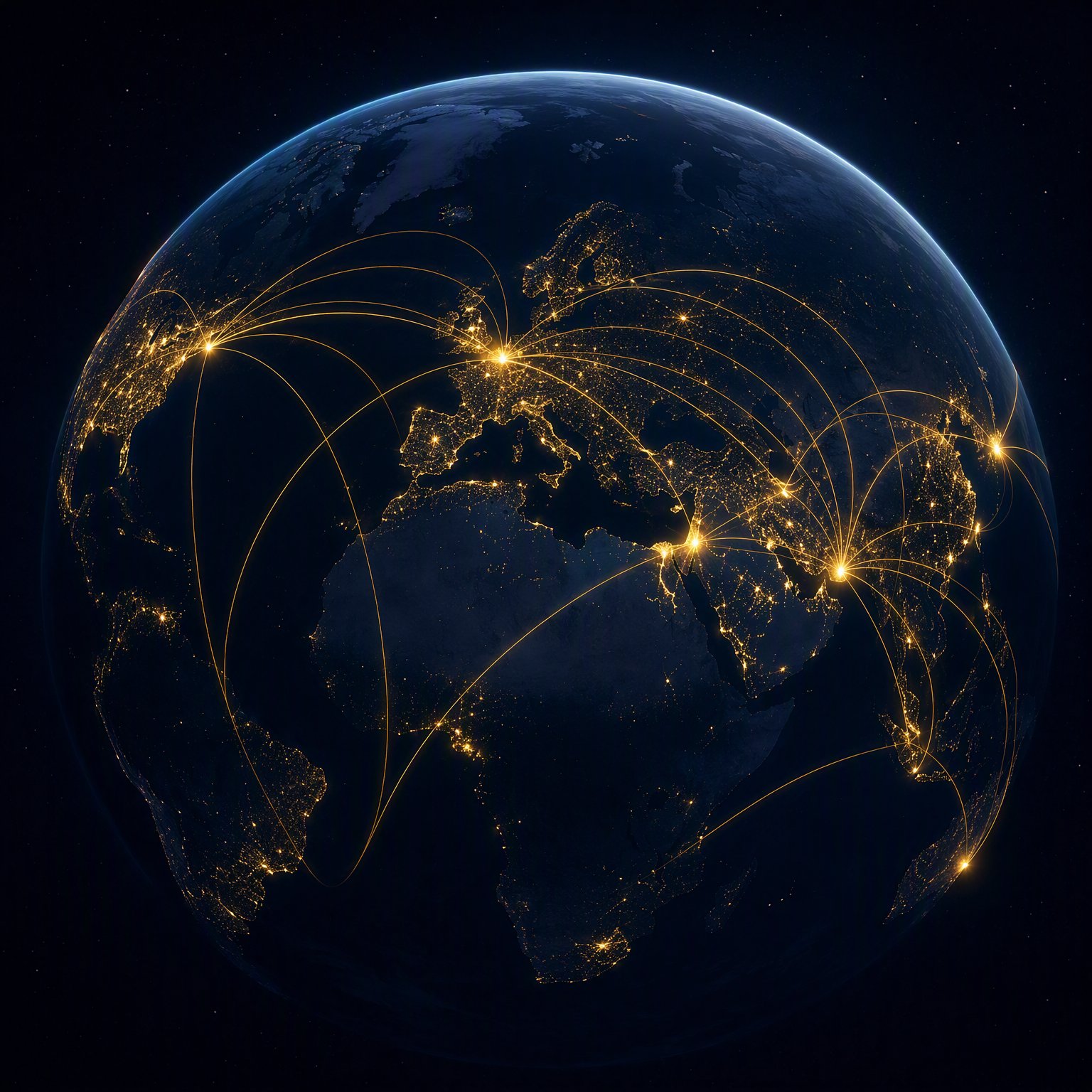 The earth at night, golden arcs connecting London to clients across the world